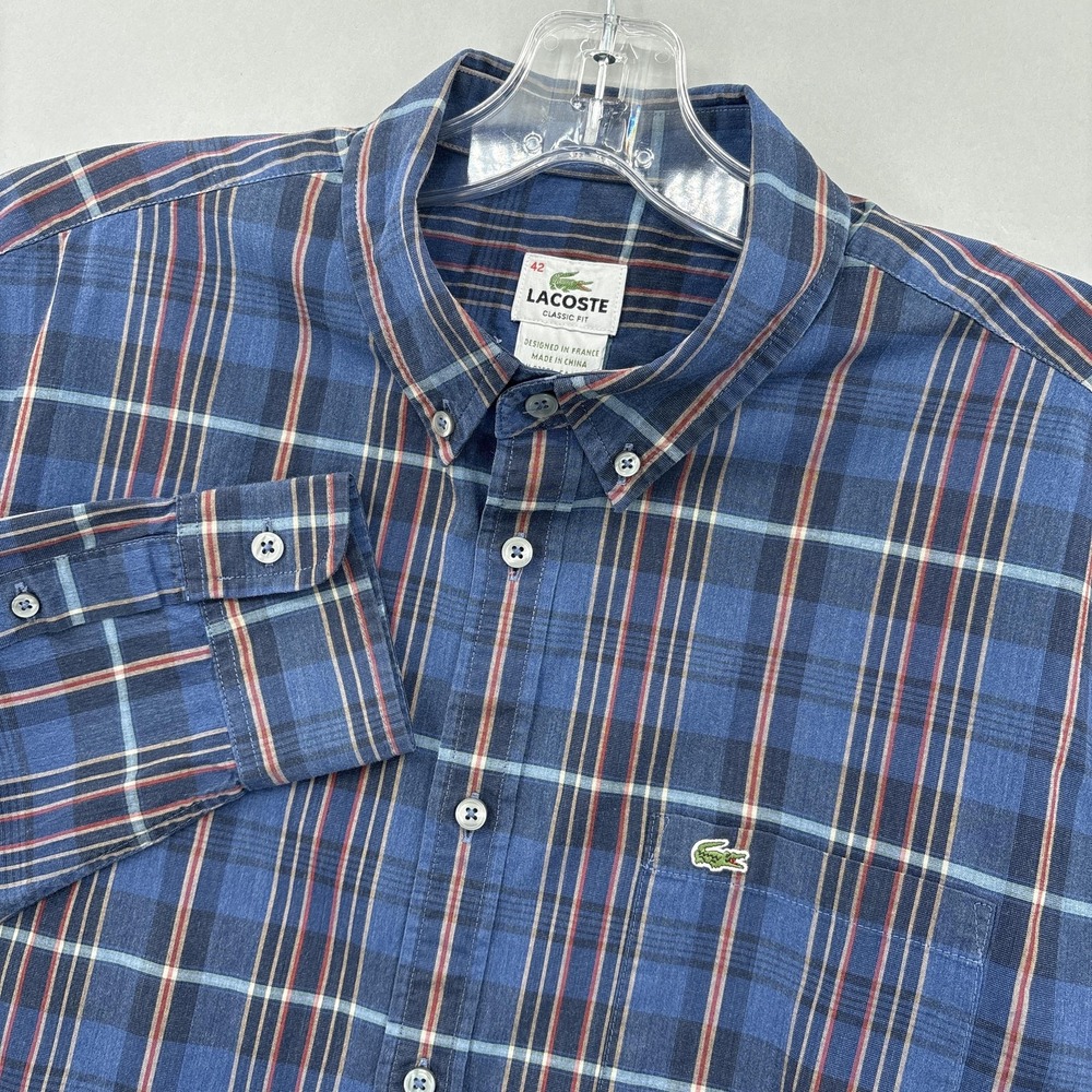 Lacoste Shirt Men Large Blue Plaid Classic Fit Button Down Long Sleeve Cotton 42